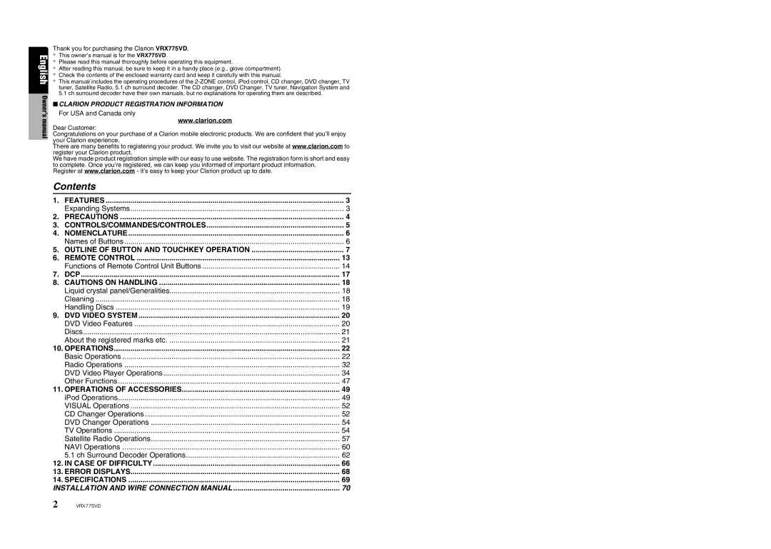 Clarion VRX775VD owner manual Contents 