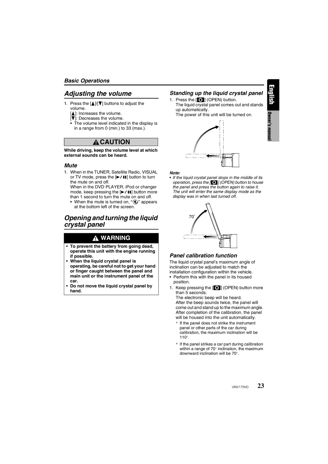 Clarion VRX775VD owner manual Adjusting the volume, Opening and turning the liquid crystal panel 