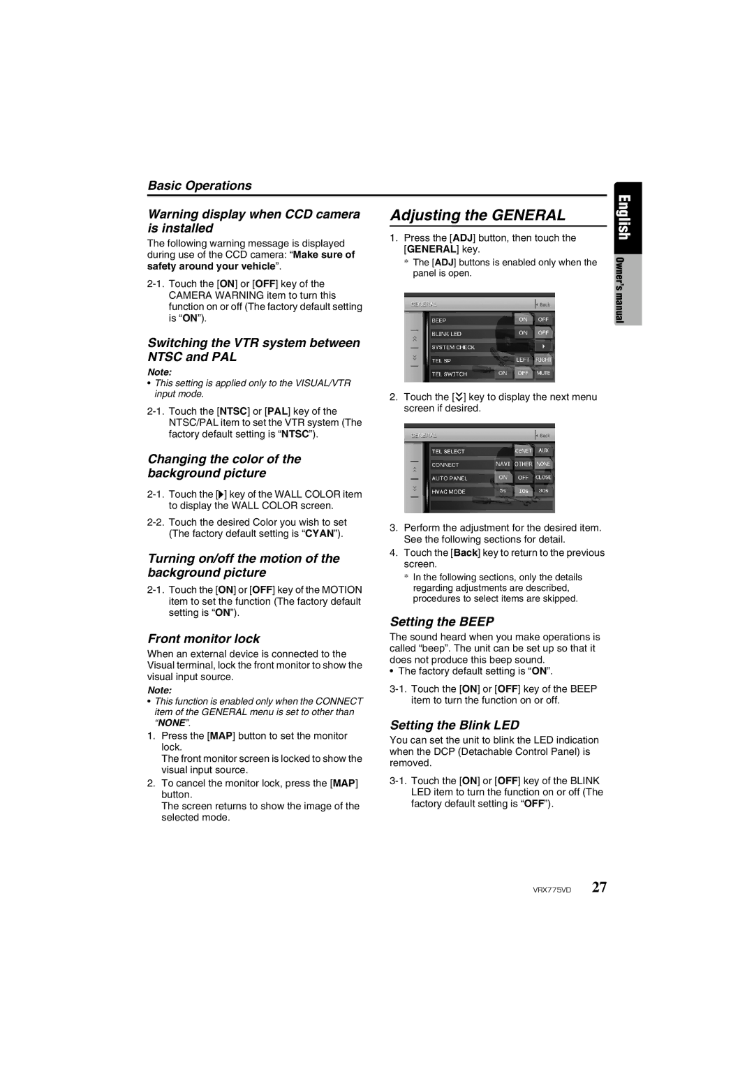 Clarion VRX775VD owner manual Adjusting the General 