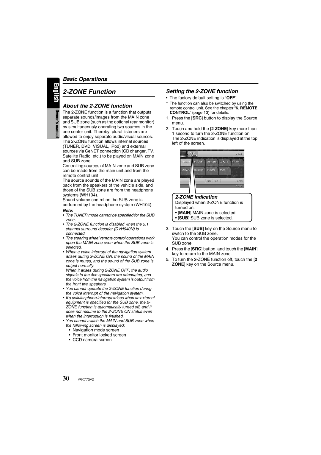 Clarion VRX775VD owner manual Zone Function, Setting the 2-ZONE function, About the 2-ZONE function 