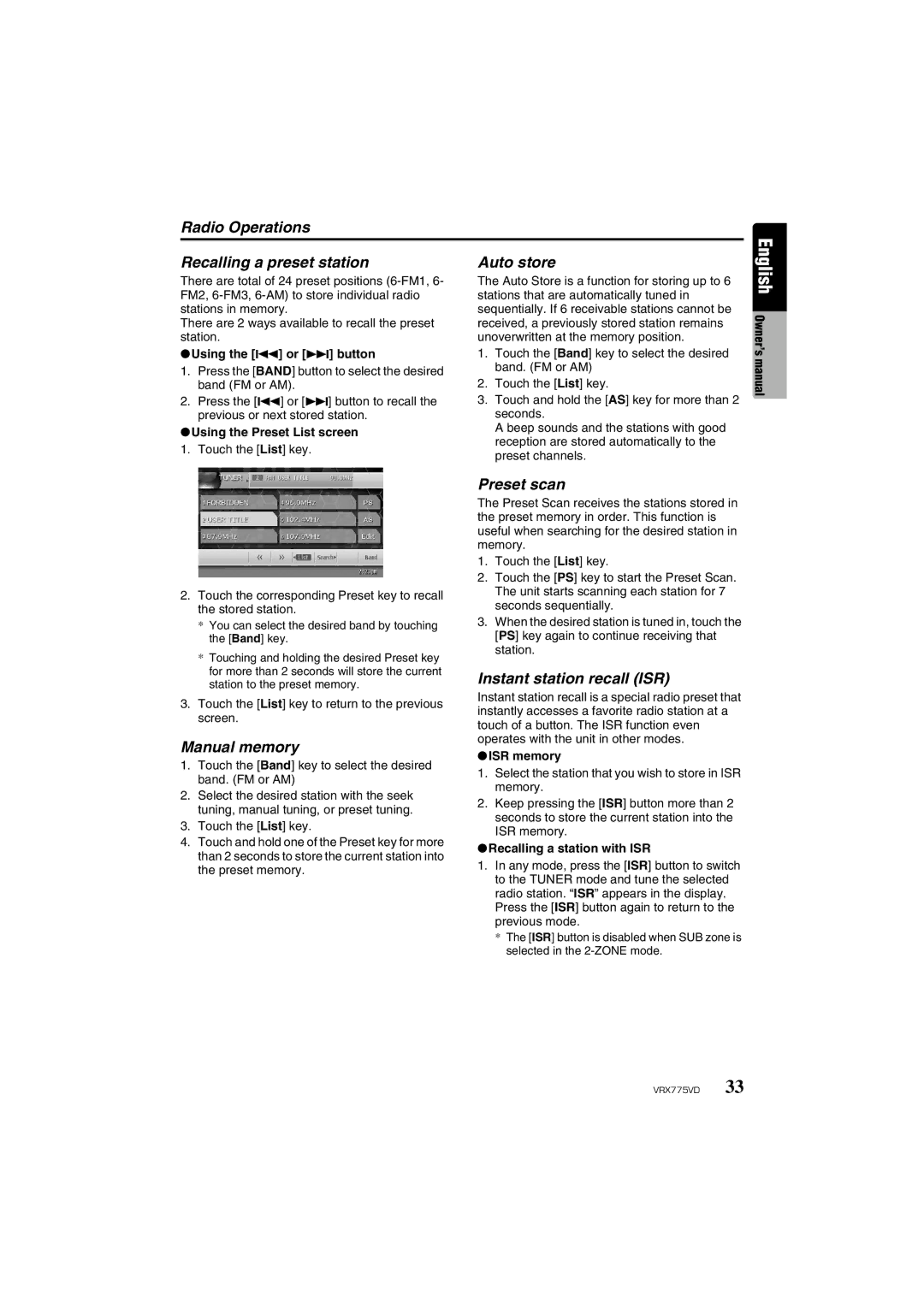 Clarion VRX775VD owner manual Radio Operations Recalling a preset station, Auto store, Manual memory, Preset scan 