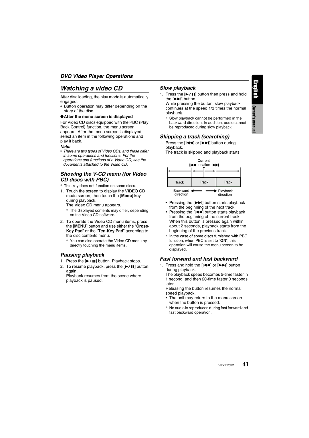 Clarion VRX775VD Watching a video CD, Skipping a track searching, Showing the V-CD menu for Video CD discs with PBC 