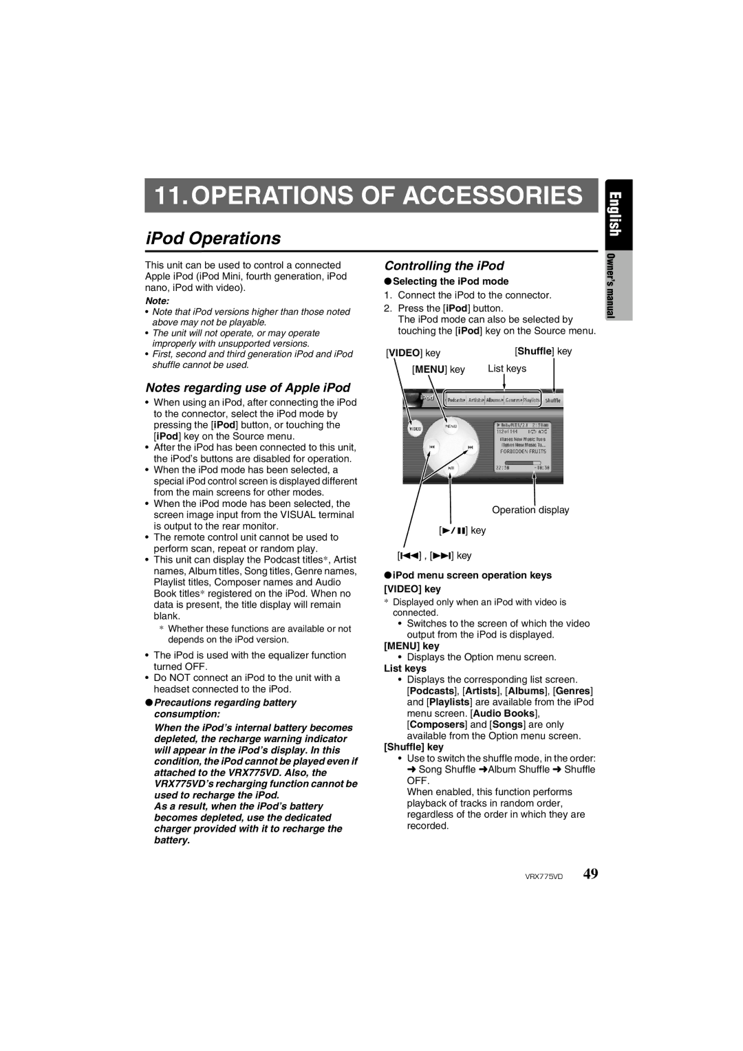 Clarion VRX775VD owner manual Operations of Accessories, IPod Operations, Controlling the iPod 