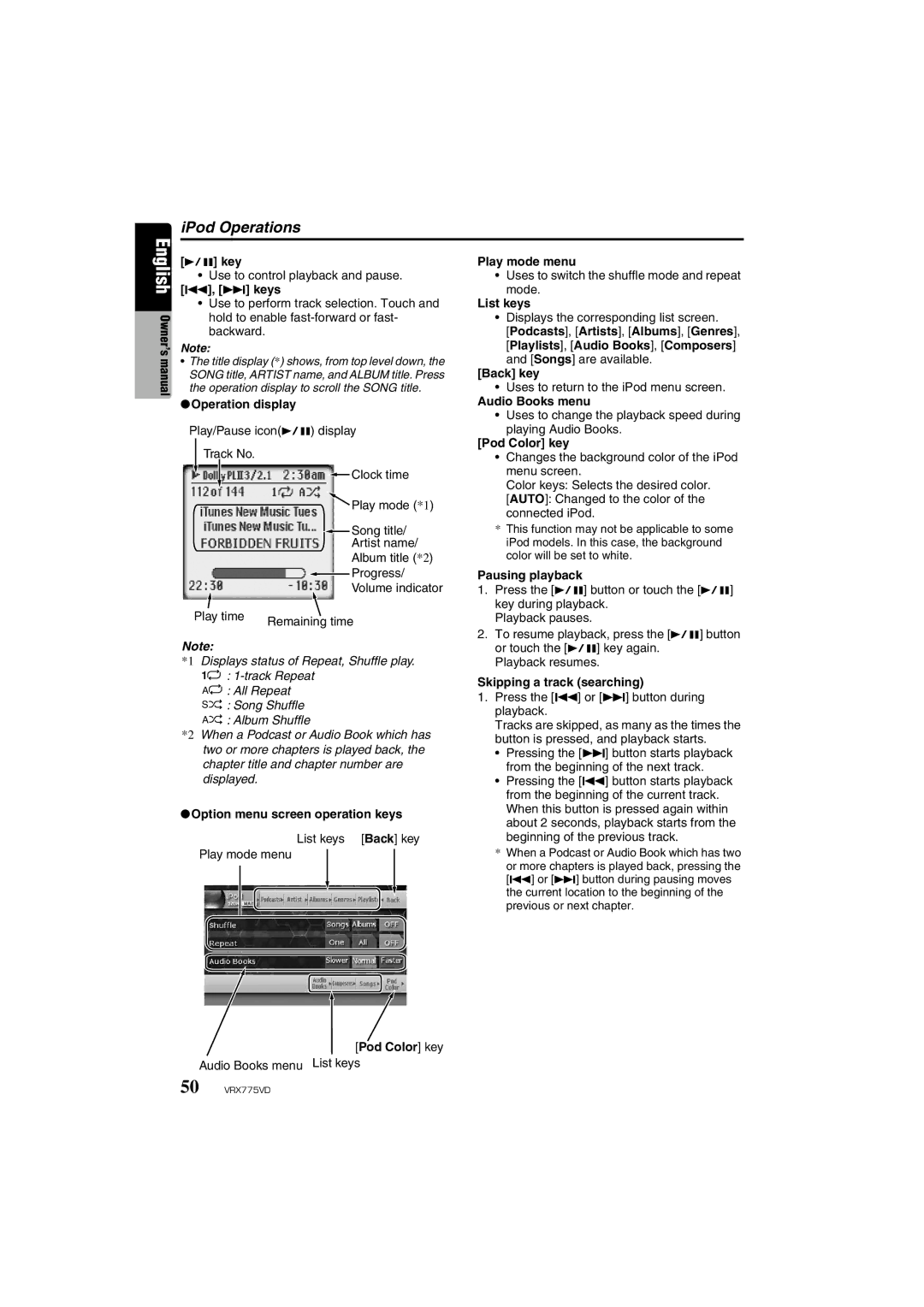 Clarion VRX775VD owner manual IPod Operations 