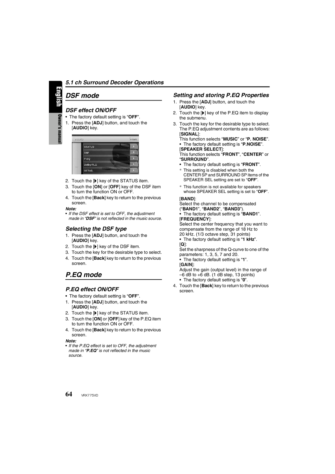 Clarion VRX775VD owner manual DSF mode, EQ mode 