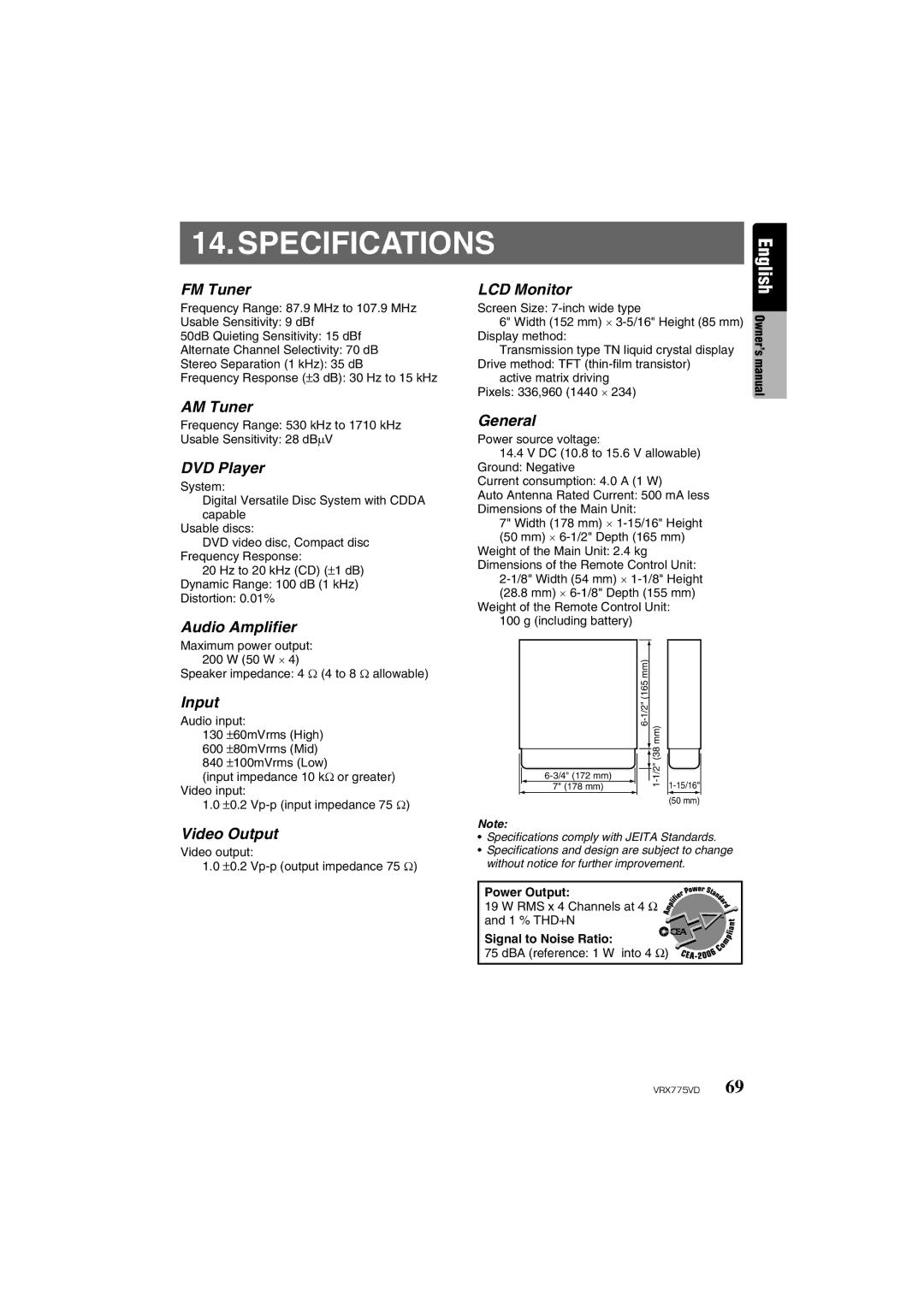 Clarion VRX775VD owner manual Specifications 