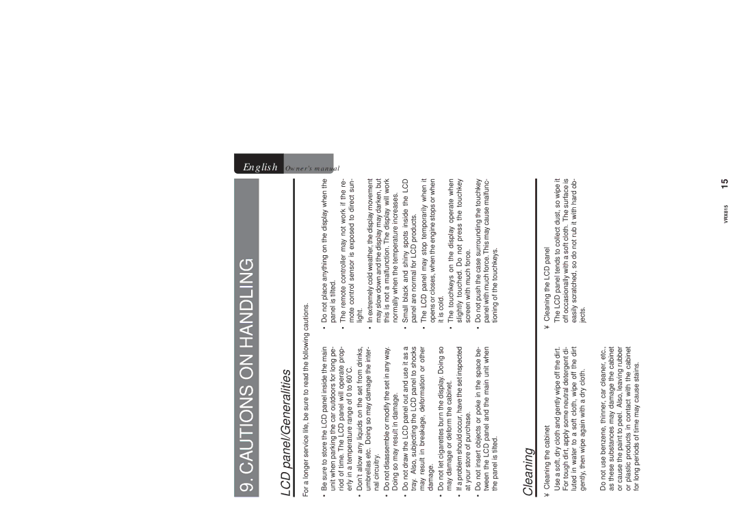 Clarion VRX815 owner manual LCD panel/Generalities, Cleaning the cabinet 