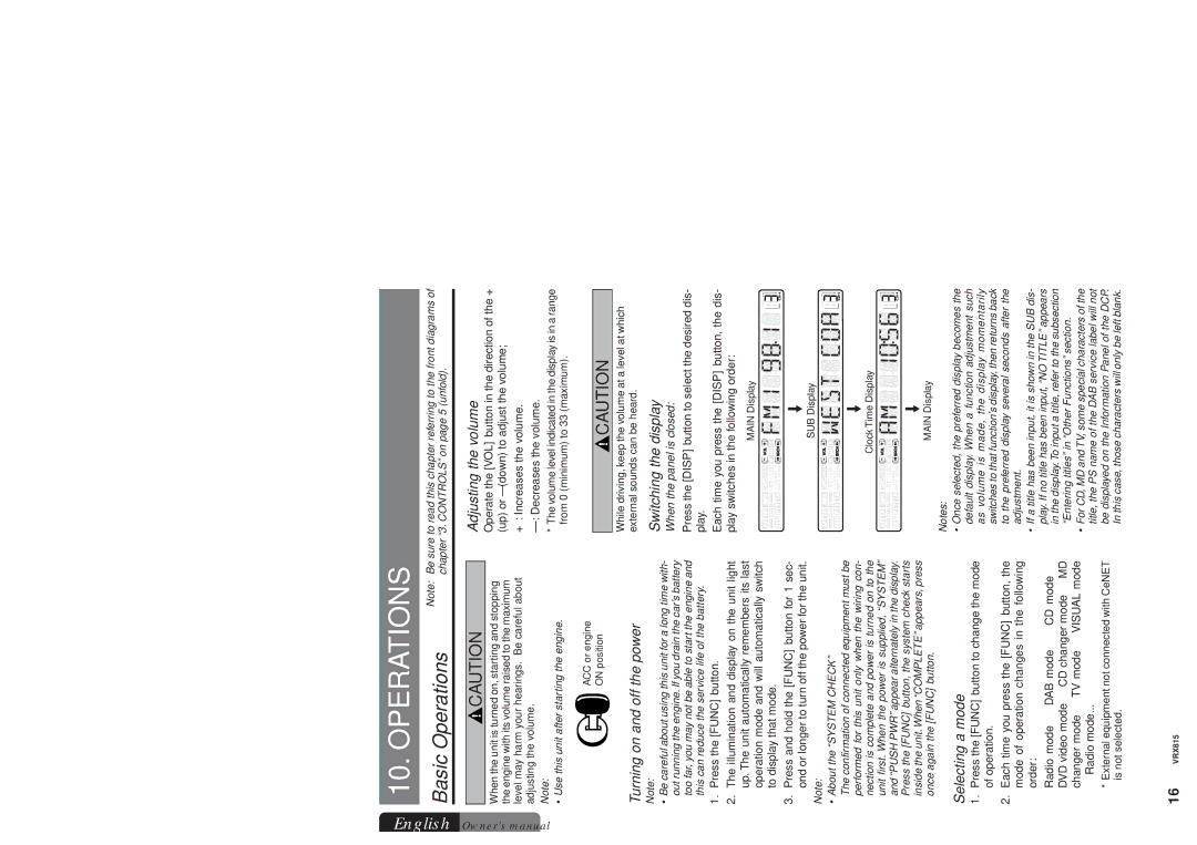 Clarion VRX815 owner manual Basic Operations, Turning on and off the power, Adjusting the volume, Switching the display 