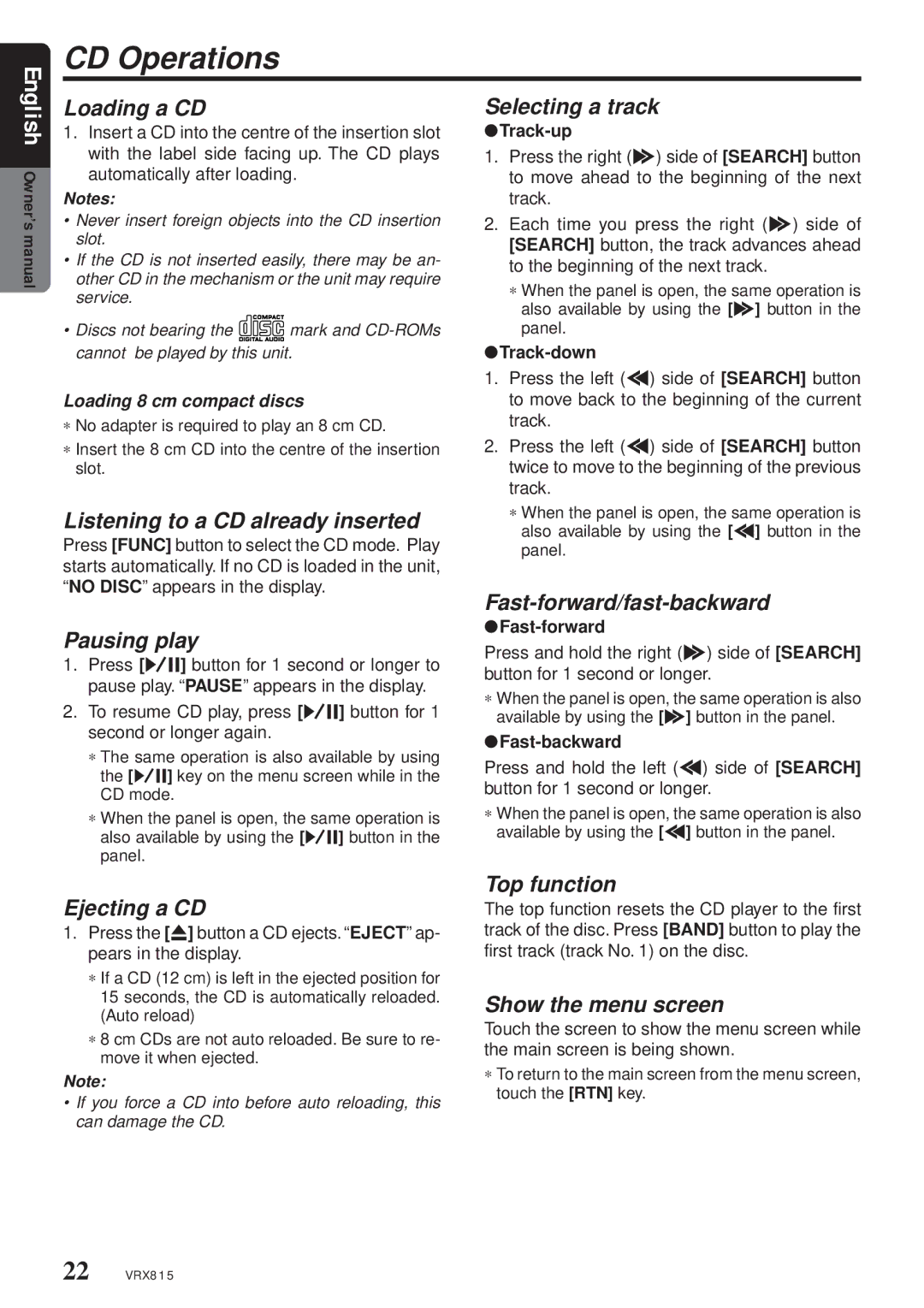 Clarion VRX815 owner manual CD Operations 