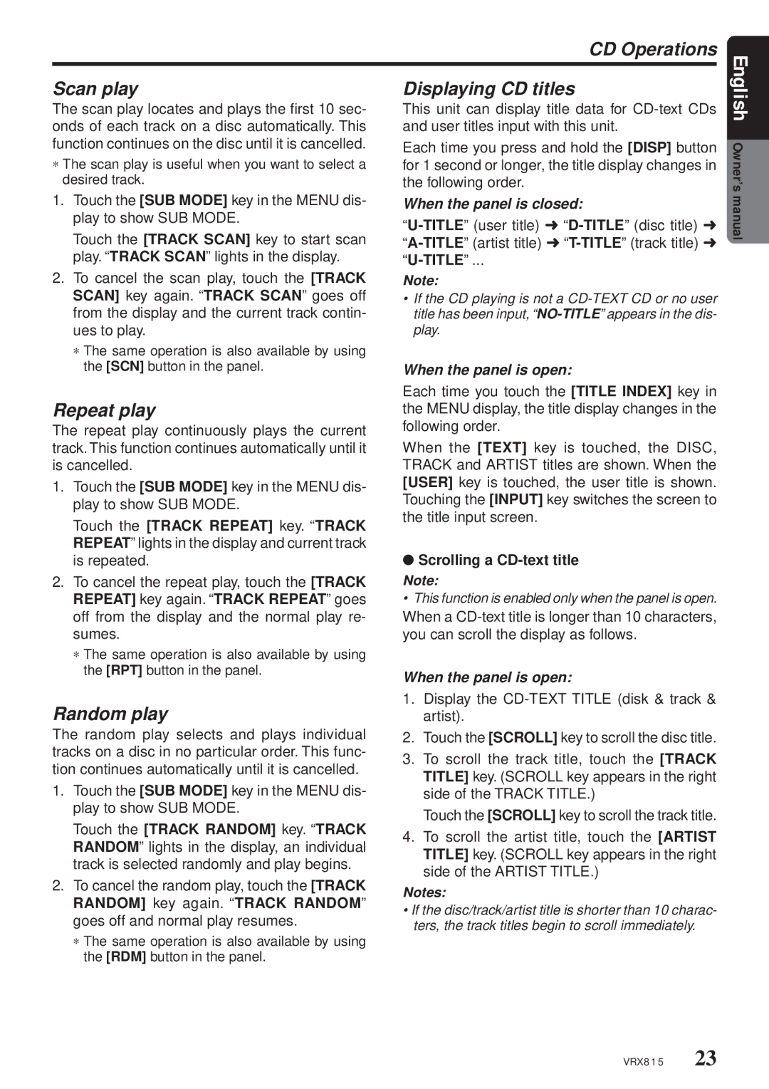 Clarion VRX815 CD Operations Scan play Displaying CD titles, Repeat play, Random play, Scrolling a CD-text title 