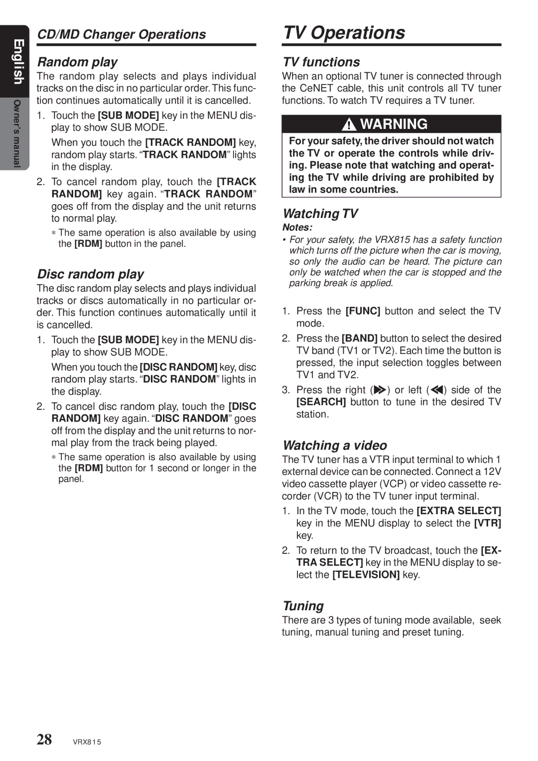 Clarion VRX815 owner manual TV Operations 