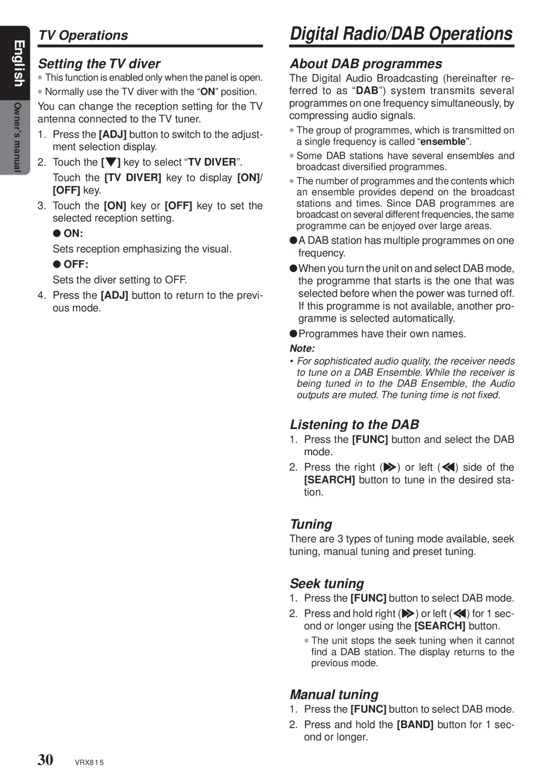 Clarion VRX815 owner manual TV Operations, Setting the TV diver, About DAB programmes, Listening to the DAB 