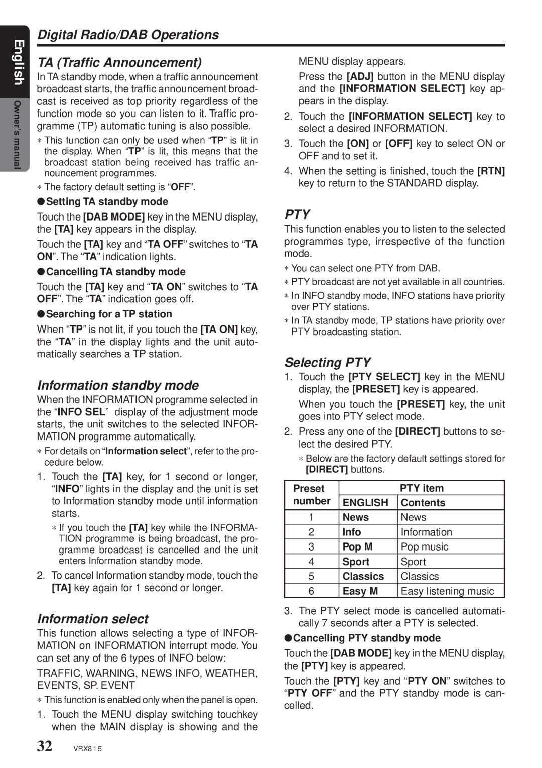 Clarion VRX815 Digital Radio/DAB Operations TA Traffic Announcement, Information standby mode, Information select 