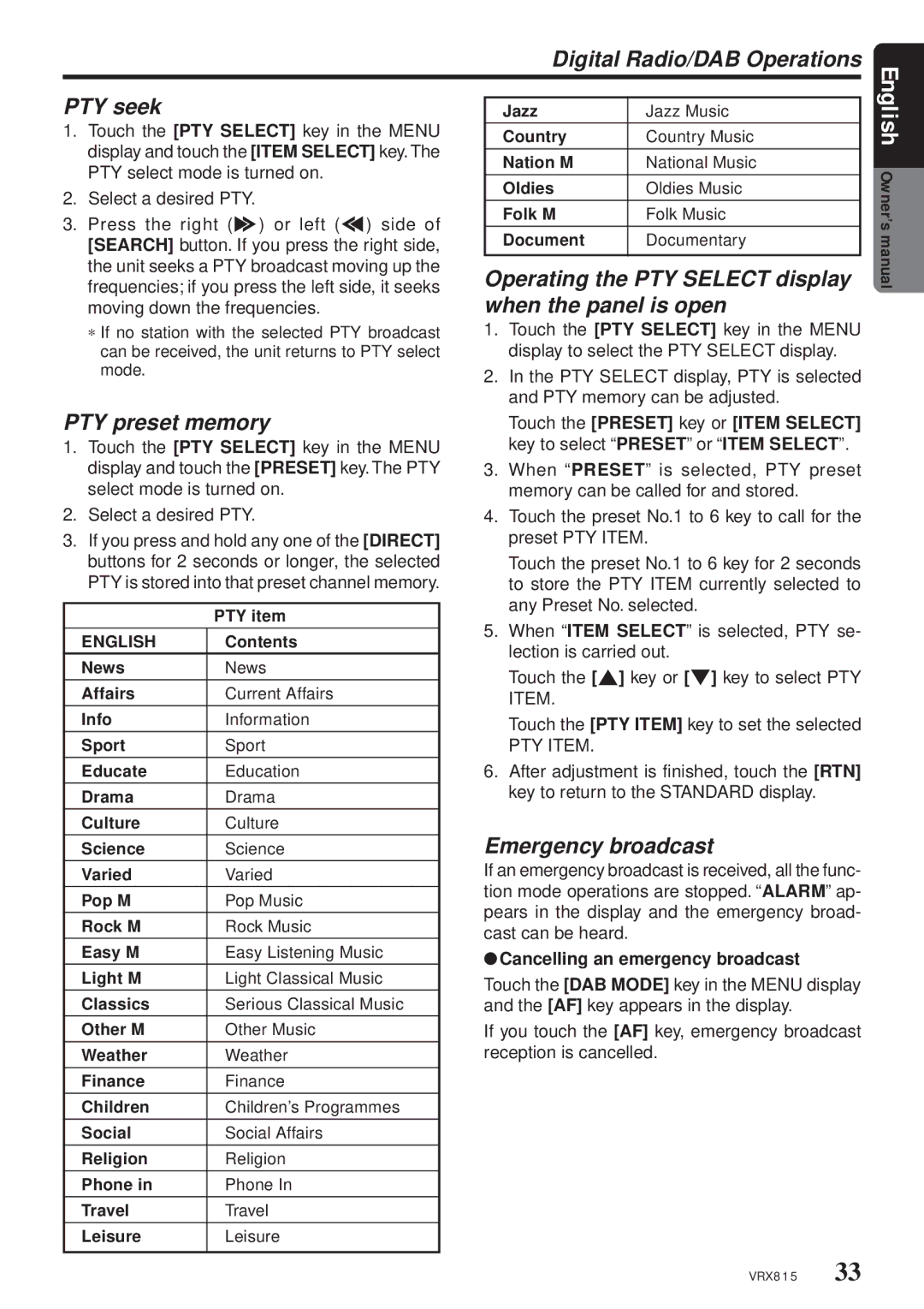 Clarion VRX815 owner manual Digital Radio/DAB Operations PTY seek, Operating the PTY Select display when the panel is open 