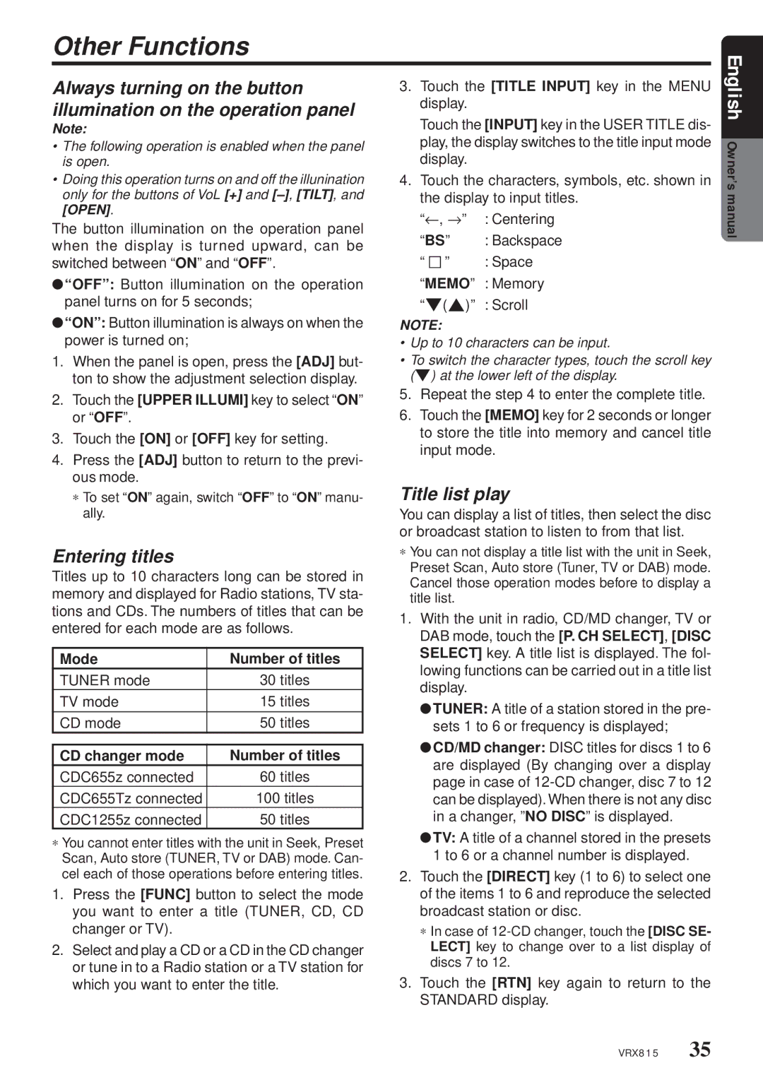 Clarion VRX815 Other Functions, Entering titles, Title list play, Mode Number of titles, CD changer mode Number of titles 