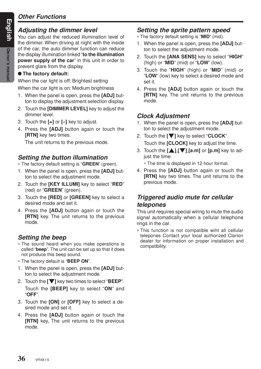 Clarion VRX815 owner manual Setting the button illumination, Clock Adjustment, Setting the beep, Factory default 