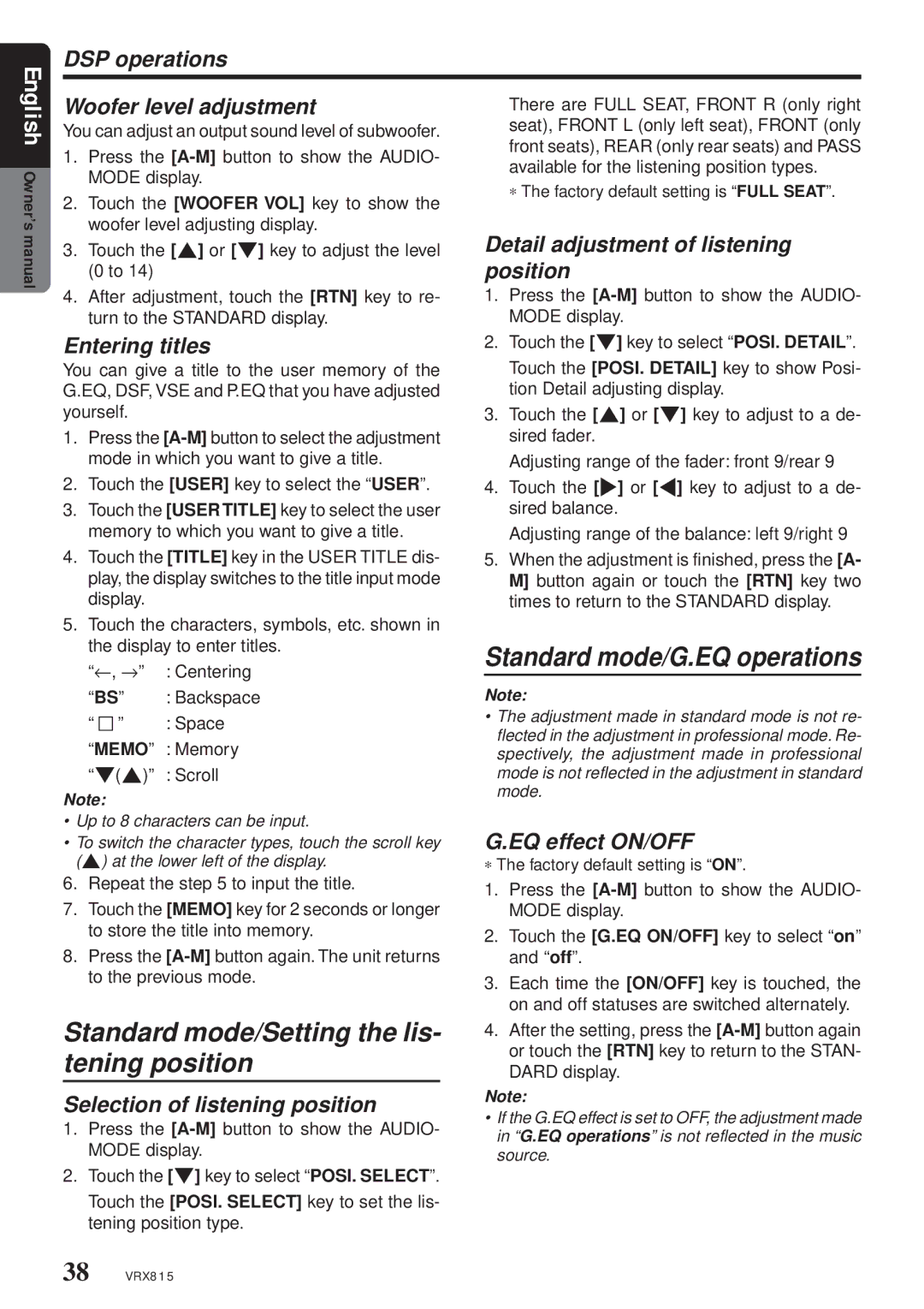 Clarion VRX815 DSP operations Woofer level adjustment, Detail adjustment of listening position, EQ effect ON/OFF 