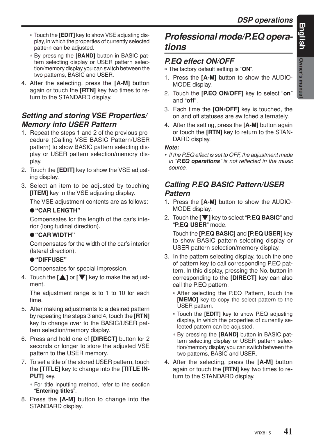 Clarion VRX815 Setting and storing VSE Properties/ Memory into User Pattern, Calling P.EQ Basic Pattern/USER Pattern 