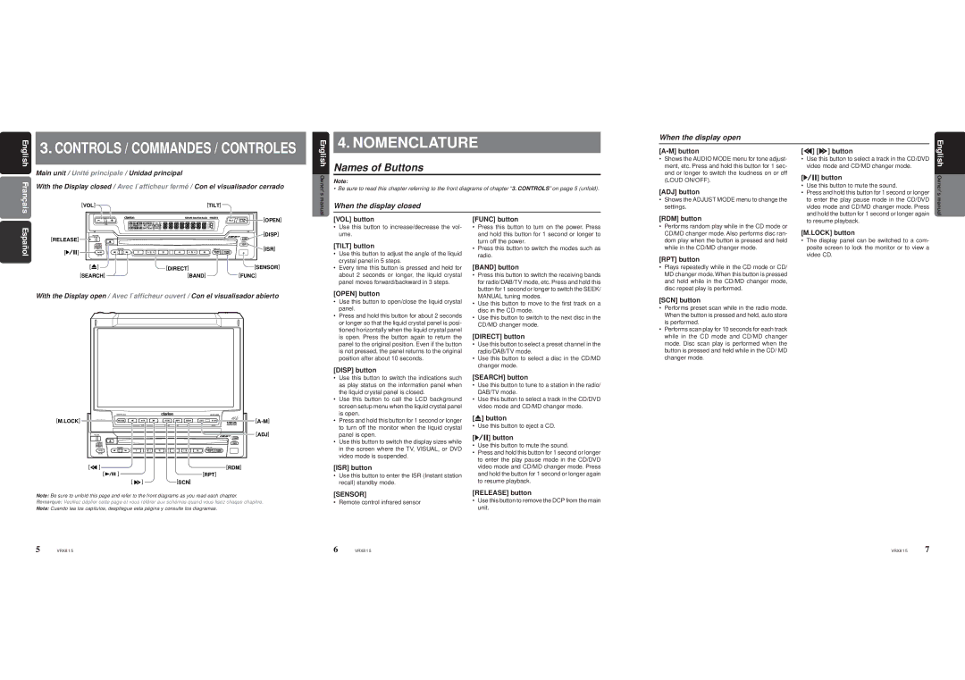 Clarion VRX815 owner manual Nomenclature 