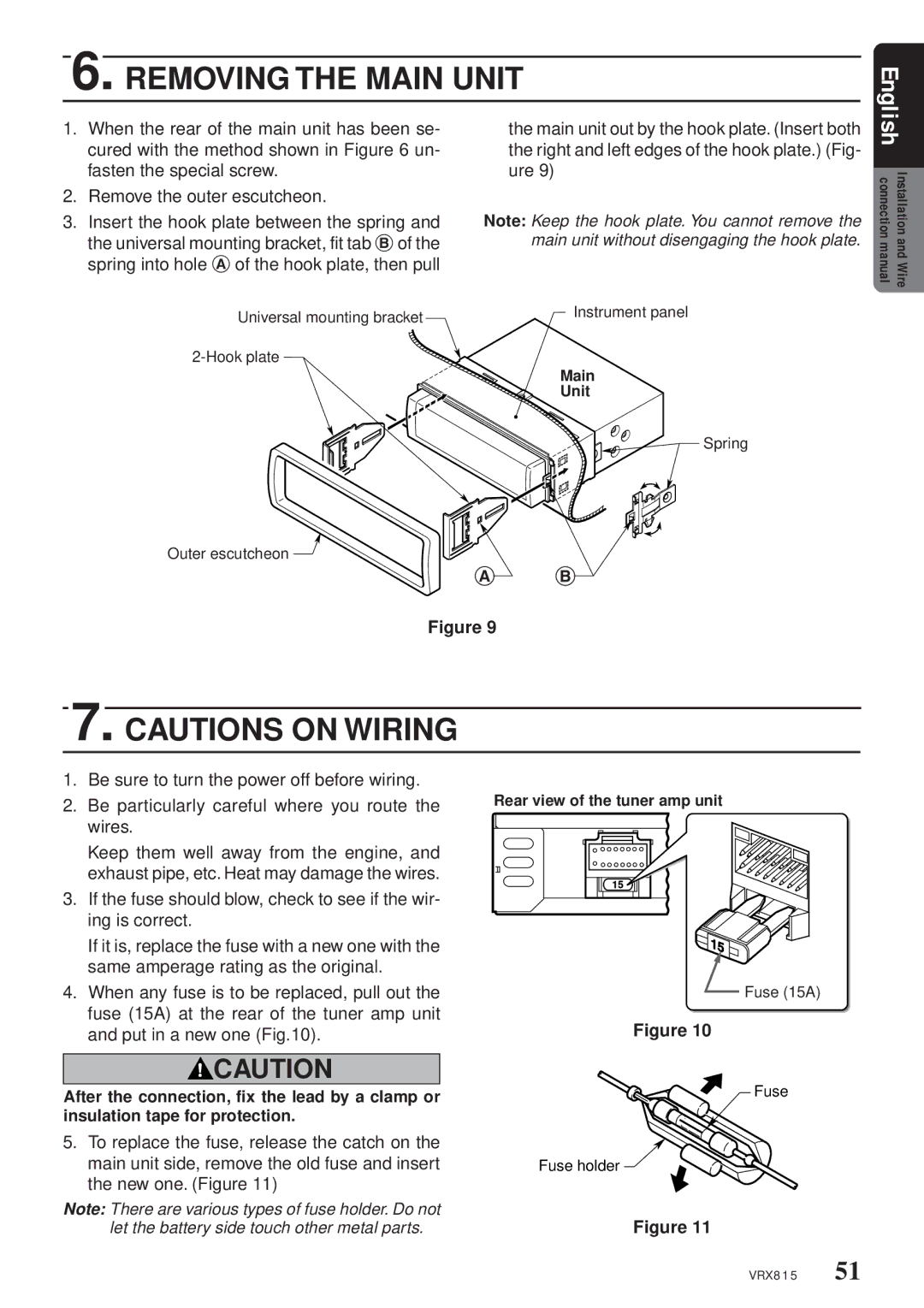 Clarion VRX815 owner manual Removing the Main Unit, Spring into hole a of the hook plate, then pull 