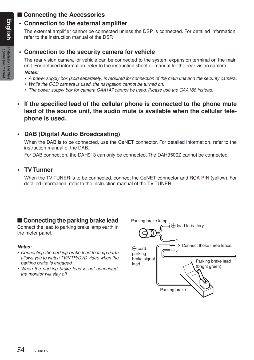 Clarion VRX815 owner manual TV Tunner Connecting the parking brake lead 