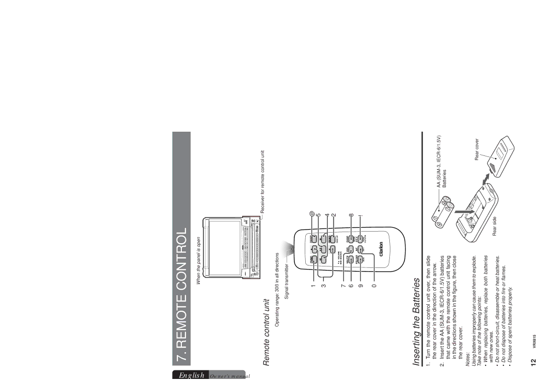 Clarion VRX815 owner manual Remote Control, Inserting the Batteries 