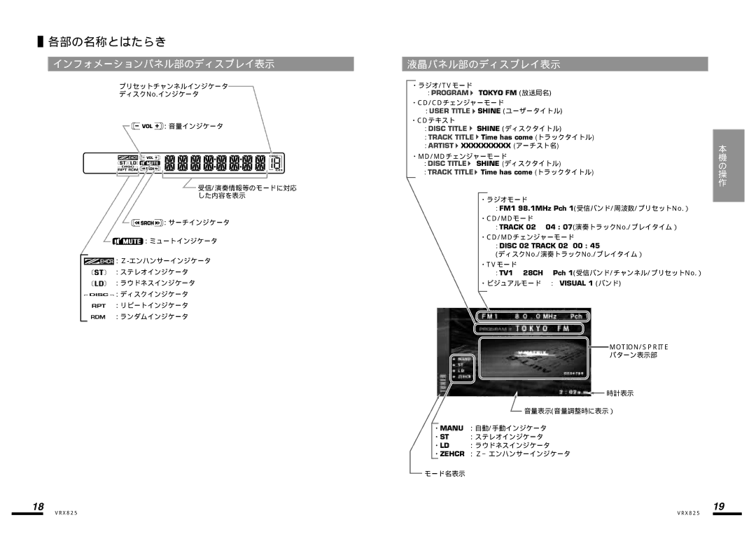 Clarion VRX825 manual インフォメーションパネル部のディスプレイ表示, 液晶パネル部のディスプレイ表示 