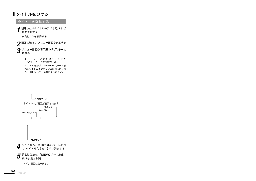 Clarion VRX825 manual タイトルをつける, タイトルを削除する, →タイトル入力画面が表示されます。 