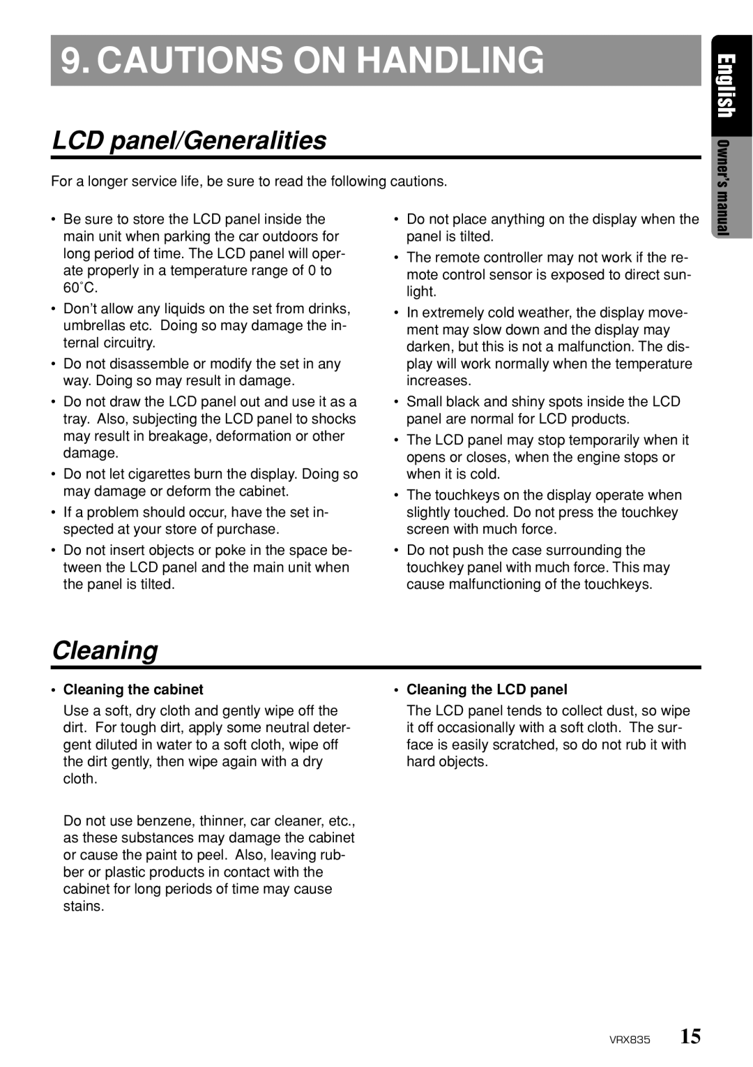 Clarion VRX835 owner manual LCD panel/Generalities, Cleaning the cabinet 