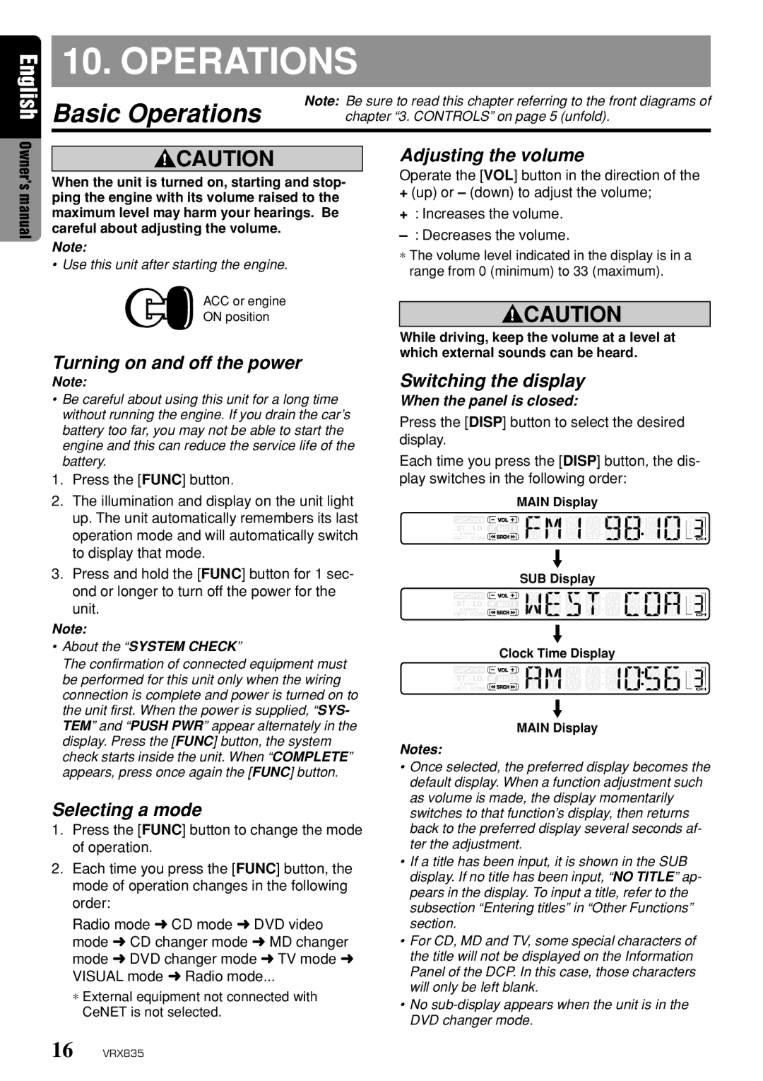 Clarion VRX835 owner manual Basic Operations, Turning on and off the power Adjusting the volume, Switching the display 