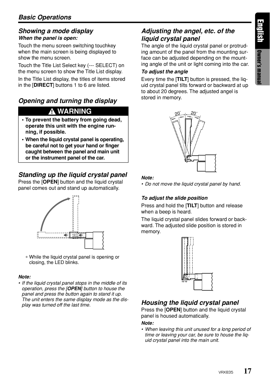 Clarion VRX835 owner manual Basic Operations Showing a mode display, Opening and turning the display, Liquid crystal panel 