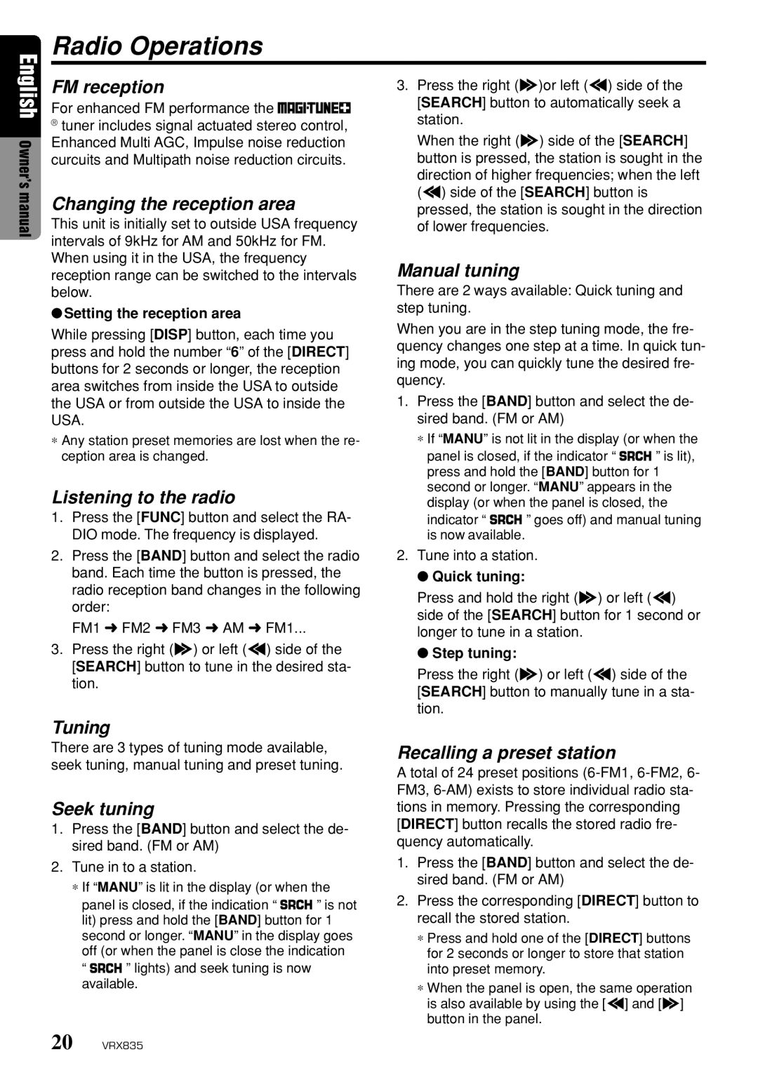 Clarion VRX835 owner manual Radio Operations 