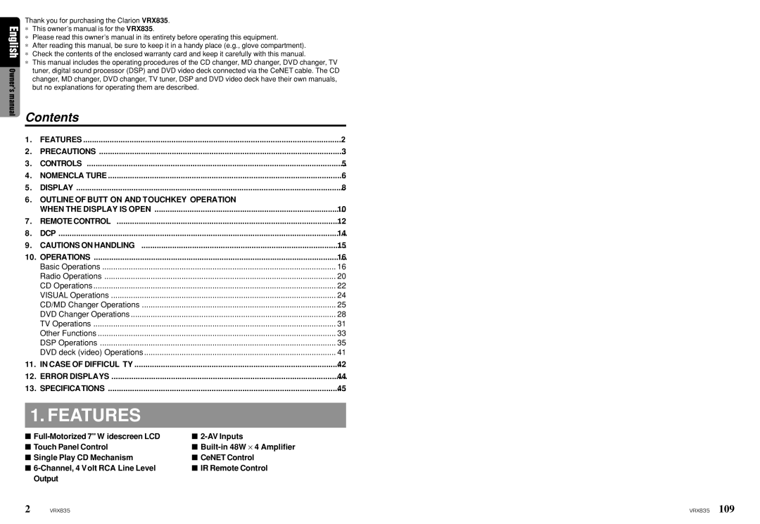 Clarion VRX835 owner manual Features, Contents 