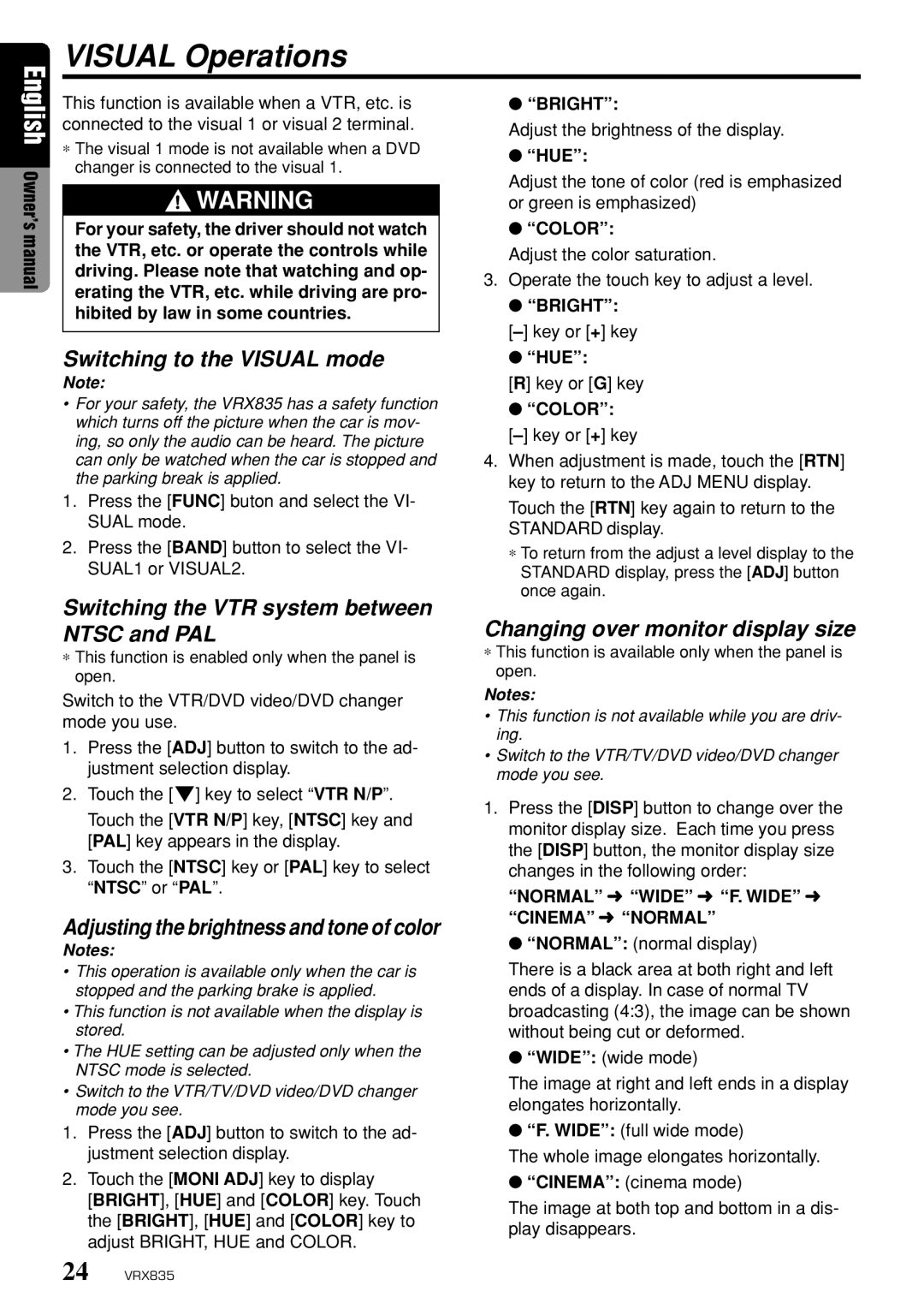 Clarion VRX835 owner manual Visual Operations, Switching to the Visual mode, Switching the VTR system between Ntsc and PAL 