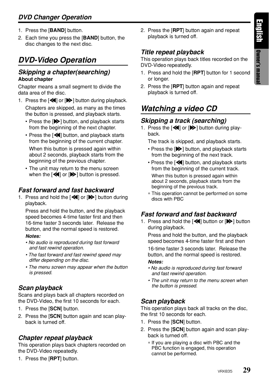 Clarion VRX835 DVD Changer Operation, Skipping a chaptersearching, Fast forward and fast backward, Scan playback 