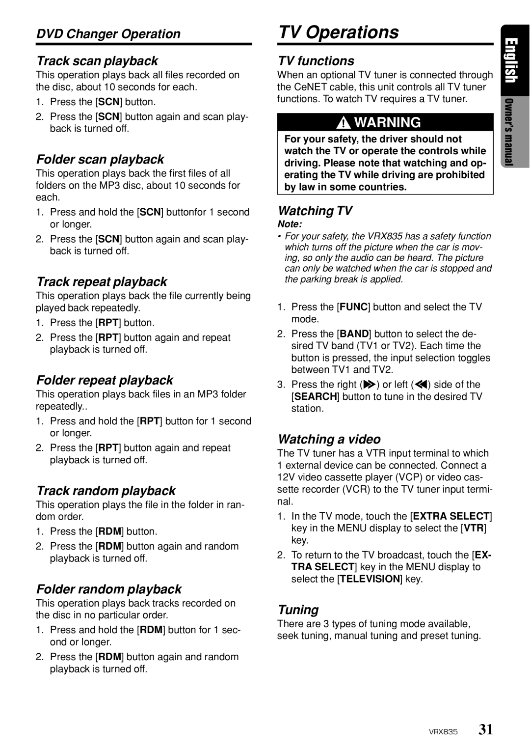 Clarion VRX835 owner manual TV Operations 