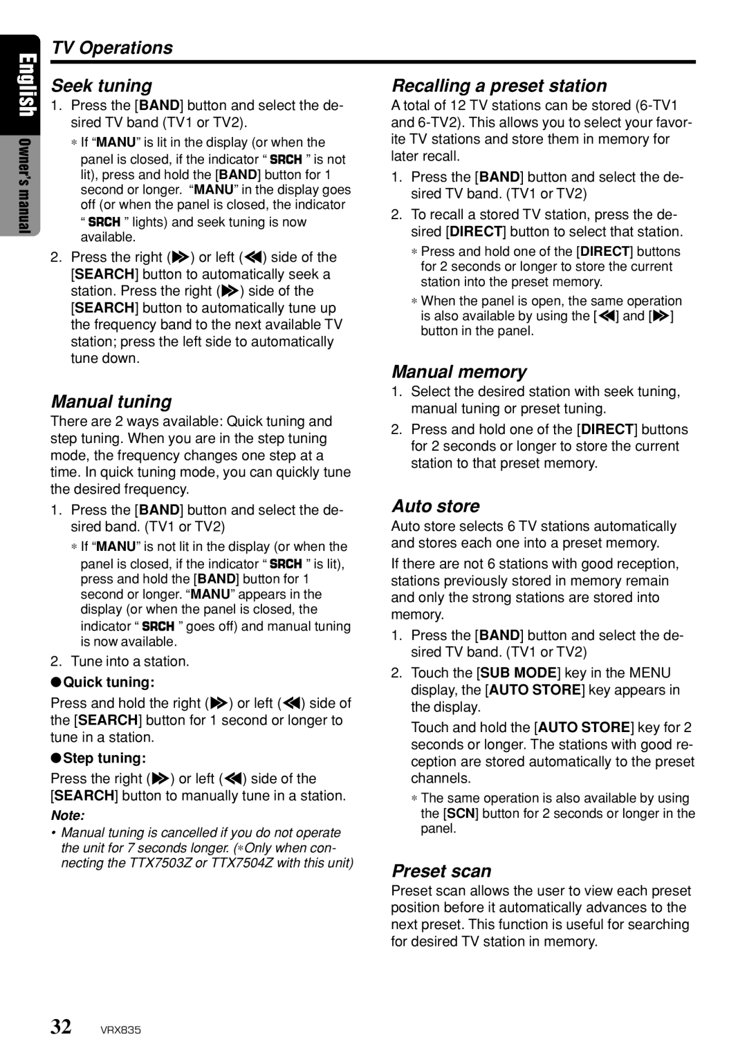 Clarion VRX835 owner manual TV Operations Seek tuning Recalling a preset station, Manual memory Manual tuning 