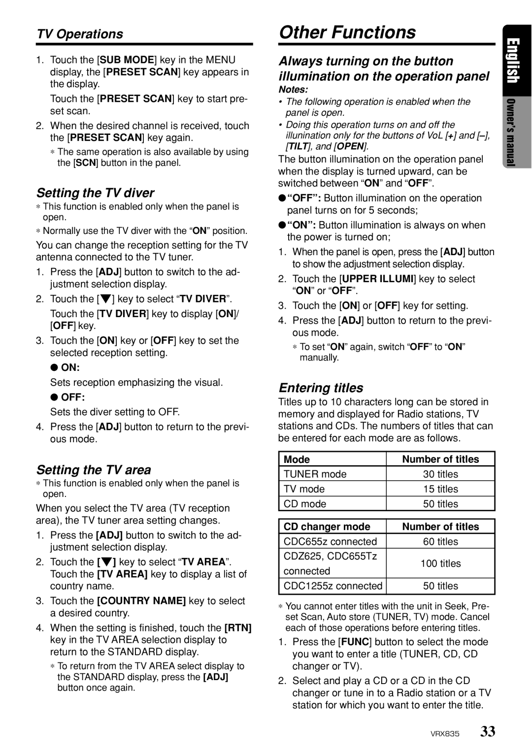 Clarion VRX835 owner manual Other Functions, TV Operations, Setting the TV diver, Setting the TV area, Entering titles 