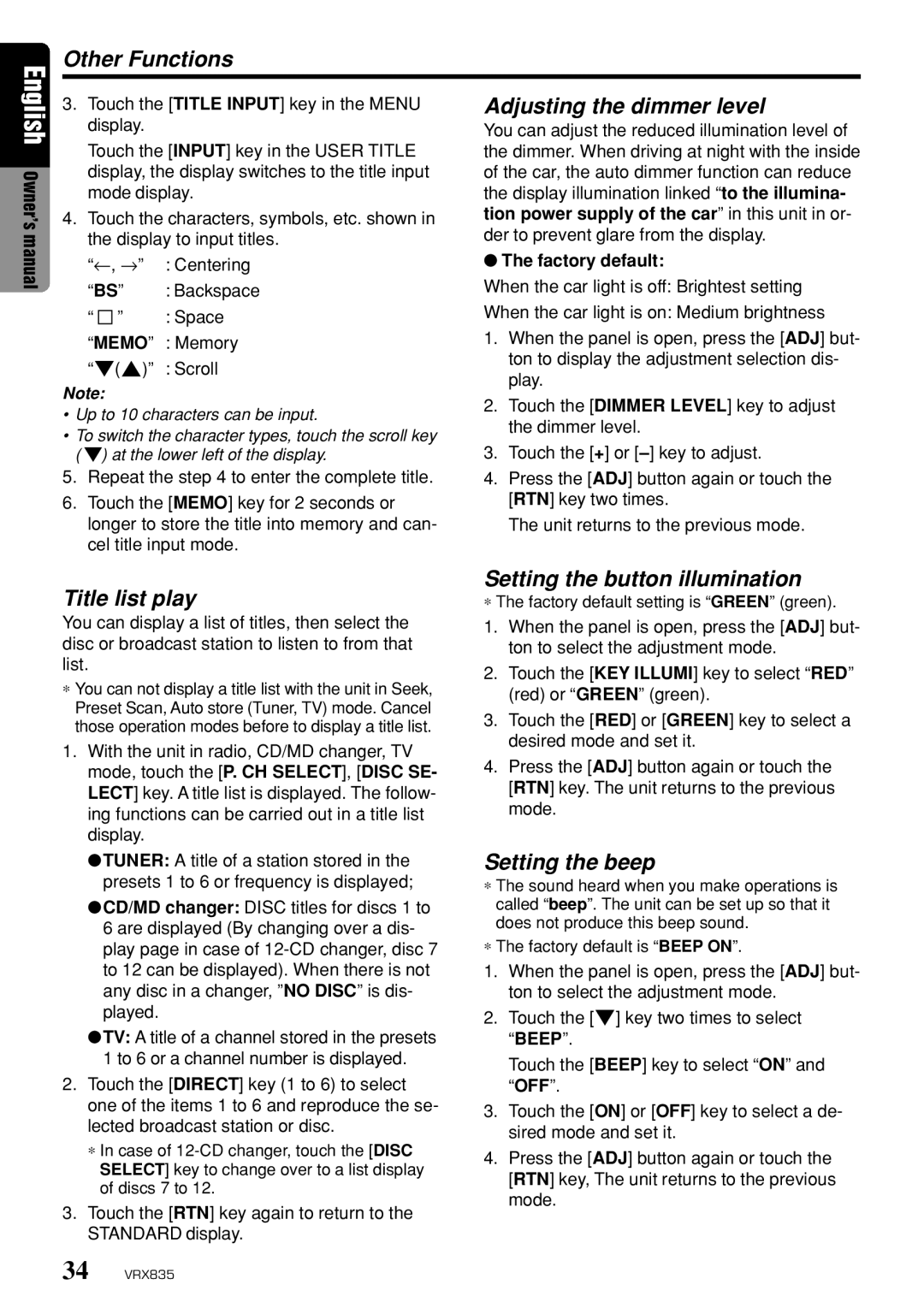 Clarion VRX835 owner manual Other Functions, Adjusting the dimmer level, Title list play, Setting the button illumination 