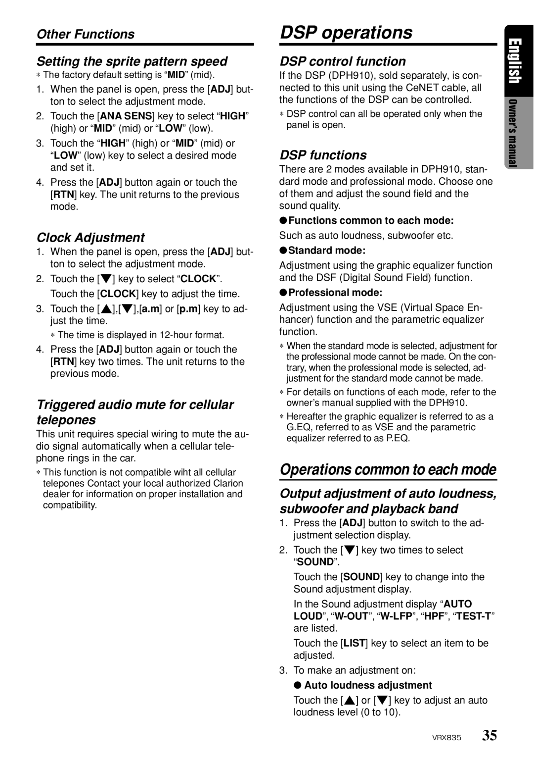 Clarion VRX835 owner manual DSP operations 