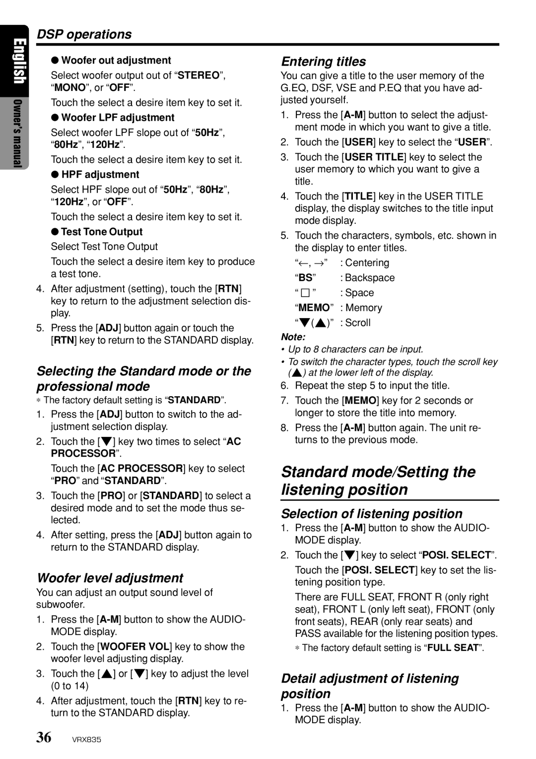 Clarion VRX835 DSP operations, Selecting the Standard mode or the professional mode, Selection of listening position 