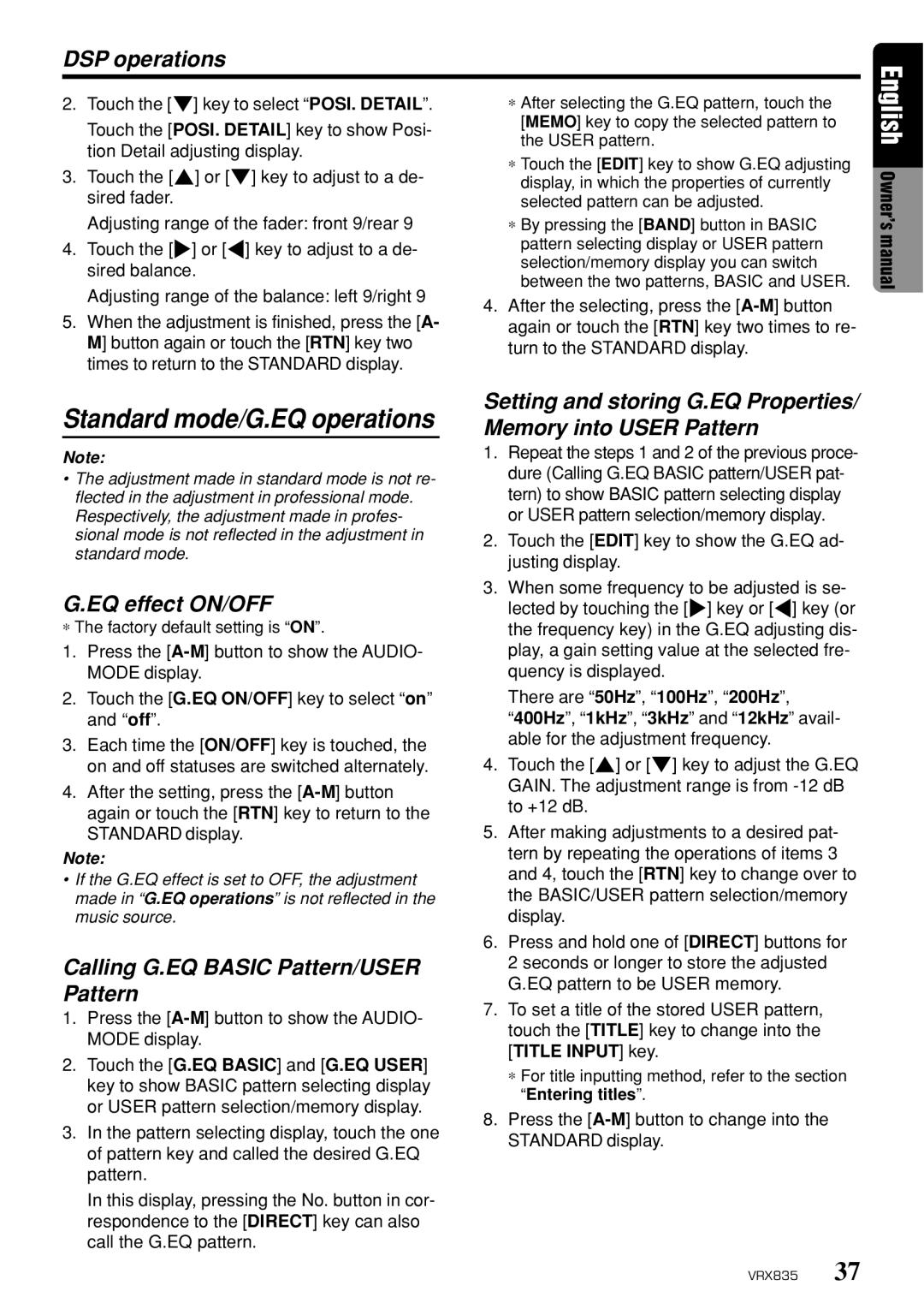 Clarion VRX835 owner manual EQ effect ON/OFF, Calling G.EQ Basic Pattern/USER Pattern 