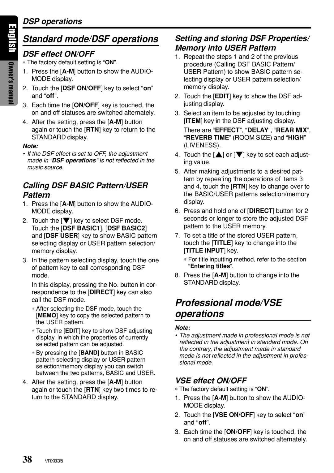 Clarion VRX835 Setting and storing DSF Properties, Memory into User Pattern, DSF effect ON/OFF, VSE effect ON/OFF 