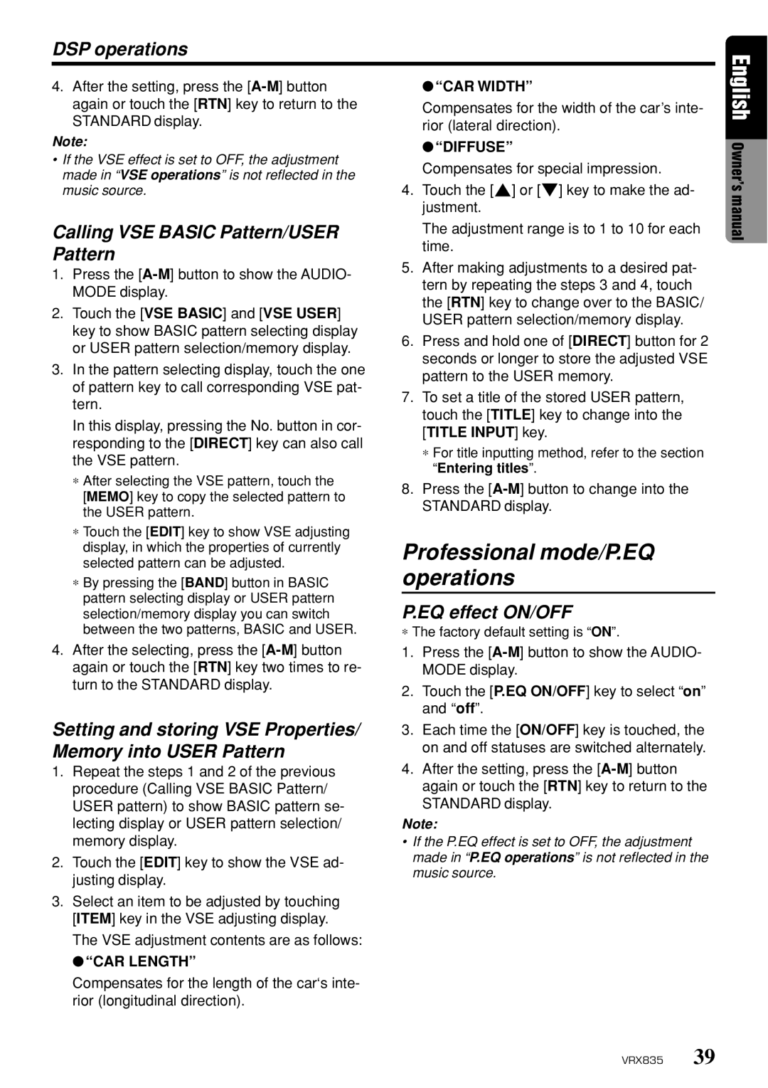 Clarion VRX835 Calling VSE Basic Pattern/USER Pattern, Setting and storing VSE Properties/ Memory into User Pattern 