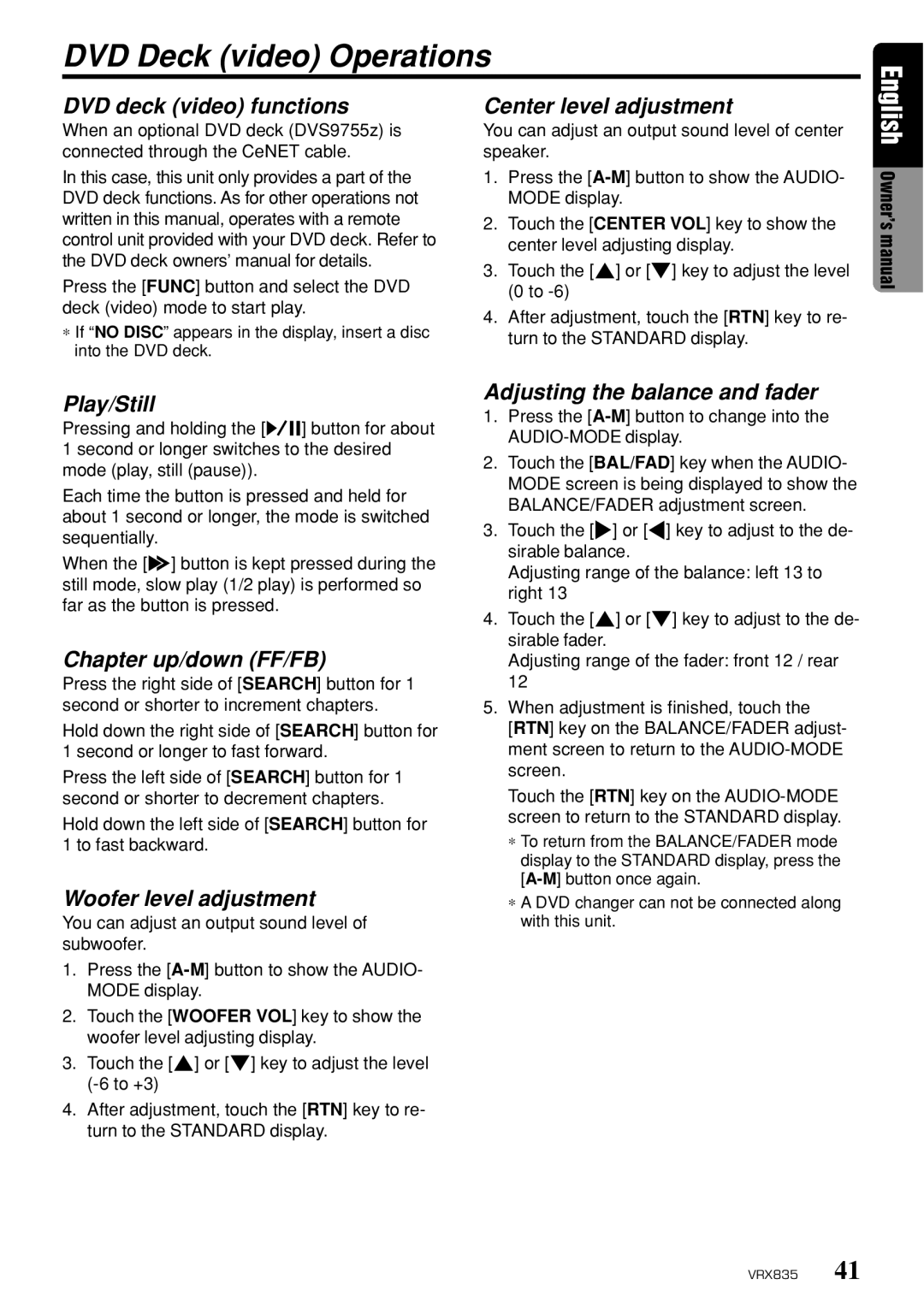 Clarion VRX835 owner manual DVD Deck video Operations, DVD deck video functions, Center level adjustment, Play/Still 