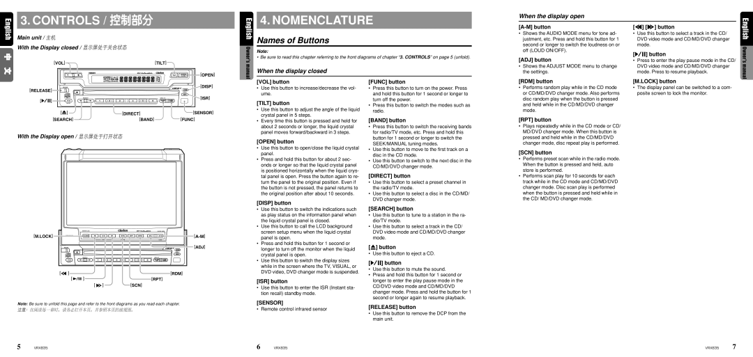 Clarion VRX835 owner manual Controls Nomenclature, Names of Buttons, When the display open, When the display closed 
