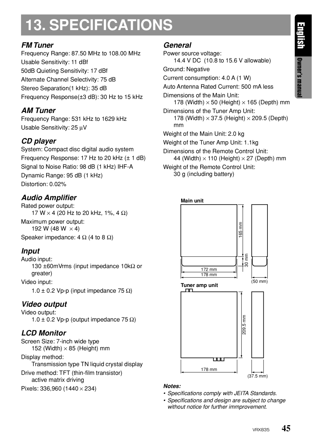 Clarion VRX835 owner manual Specifications 