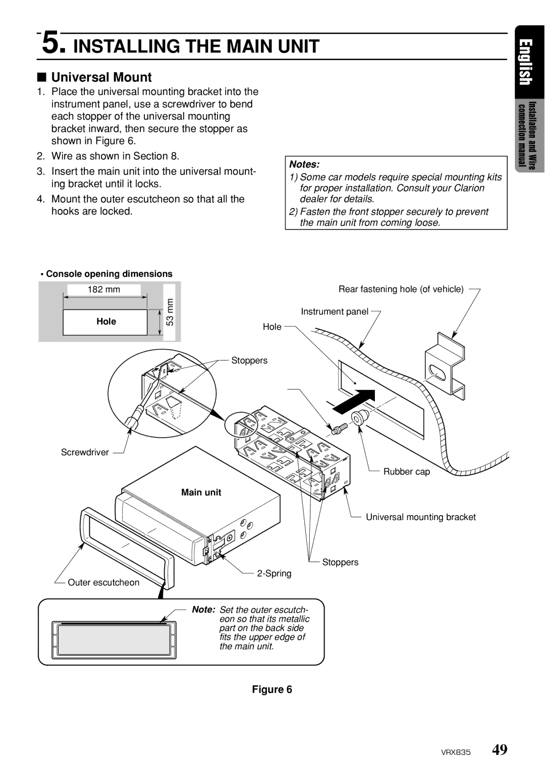 Clarion VRX835 owner manual Installing the Main Unit 