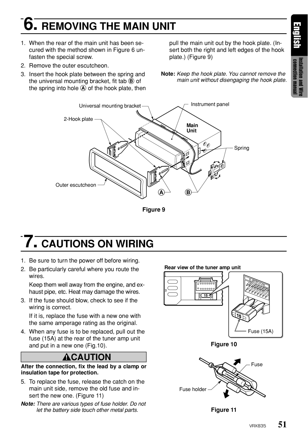 Clarion VRX835 owner manual Removing the Main Unit, Spring into hole a of the hook plate, then 