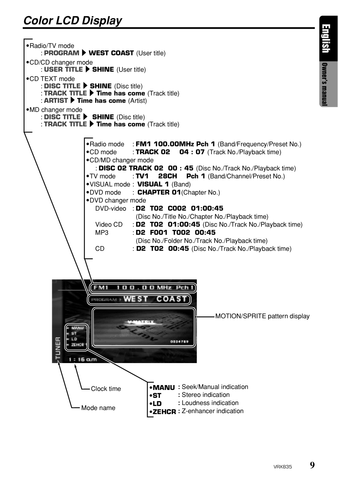 Clarion VRX835 owner manual Color LCD Display 